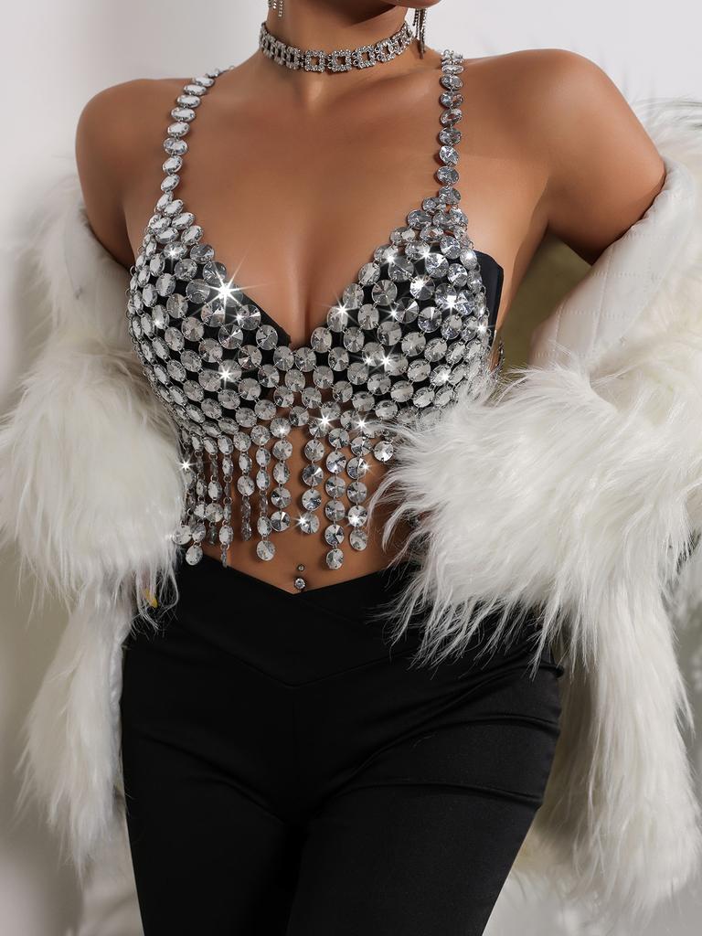 Handmade Festival Bra Women Acrylic Crystal Bikini Top Body Chain Jewelry Harness Lady Fringe Gemstone Bralette