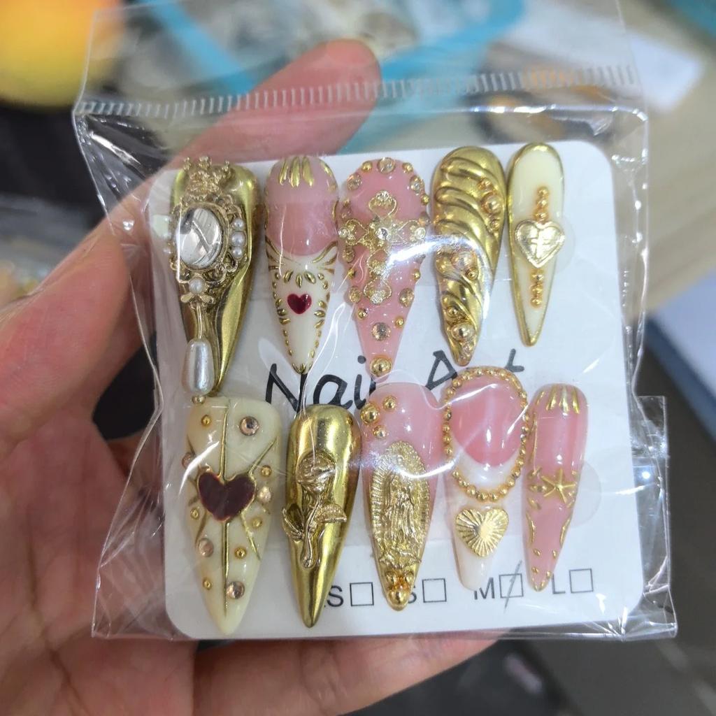 10Pcs Blue Long Handmade Cool 3D Love Press on Fake Nails with Metallic Stripe Butterfly Design Stiletto Nails Wearable Manicure