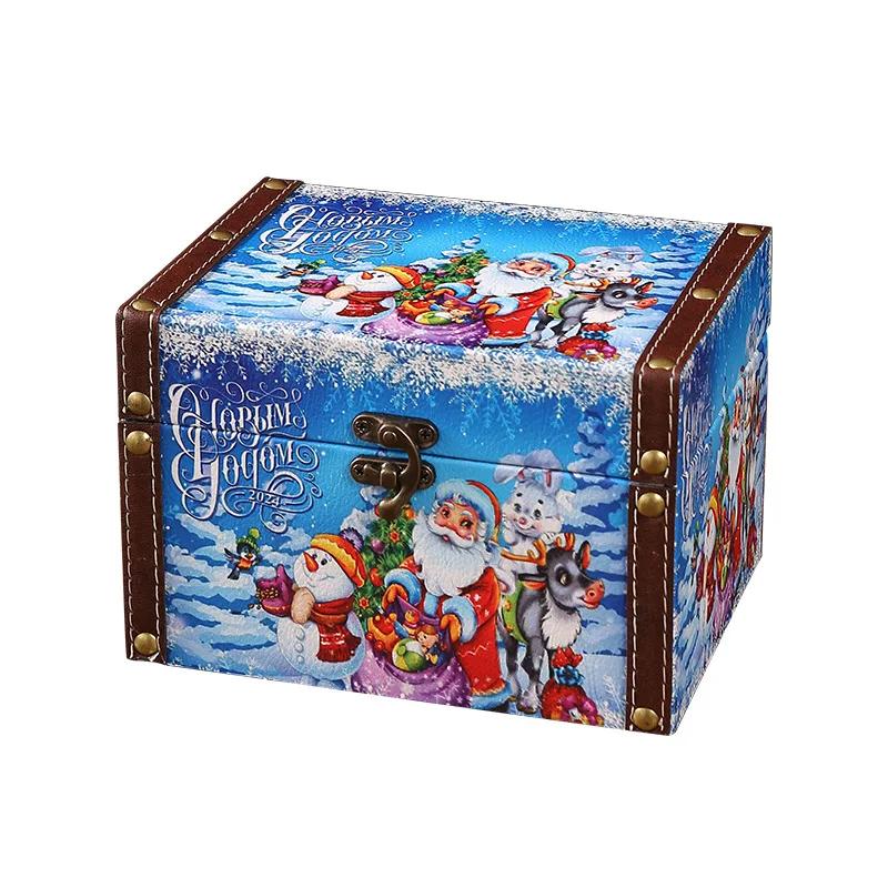 Christmas Themed Retro Leather Candy Box, Mini Wooden Jewelry Box with Lock, Dust-proof Storage for Living Room and Bedroom