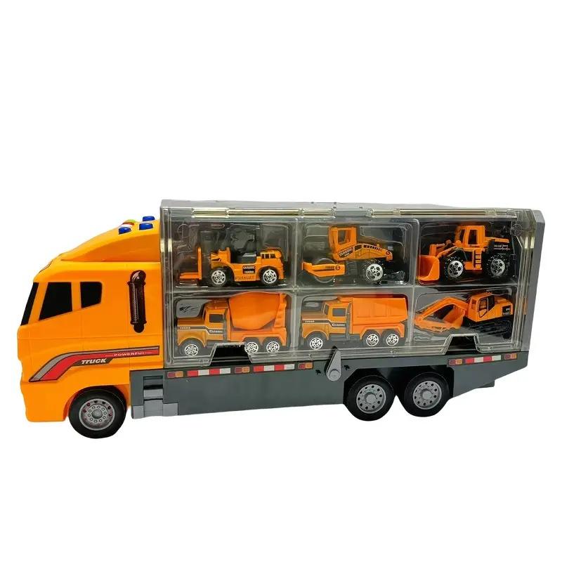 Children's Toy Set with Large Vehicle And 6 Small Cars - Engineering And Fire Truck Toys Combination for Kids
