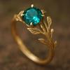 Vintage Inlaid Green CZ Leaf Women's Ring Ethnic Gold Color Hand Carving Daily Wear Party Jewelry Anniversary Gift