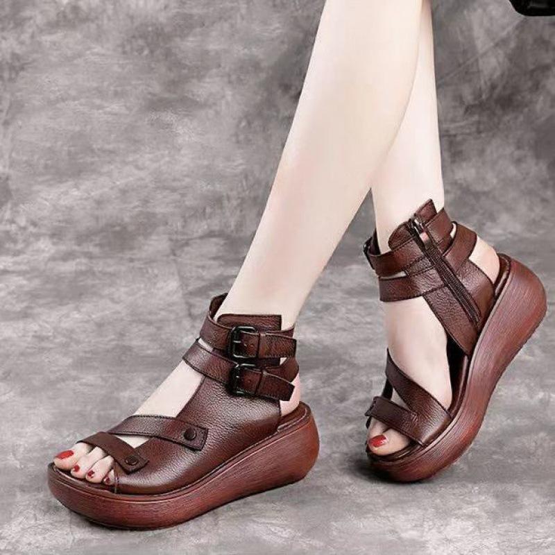 Roman Thick Soled Women's Sandals 2025 New Summer Soft Soled Sponge Cake Wedge Heel Retro Roman High Top Cool Boots