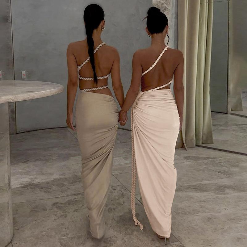 Women's autumn new fashion one shoulder tube top halter hollow tether pleated dress