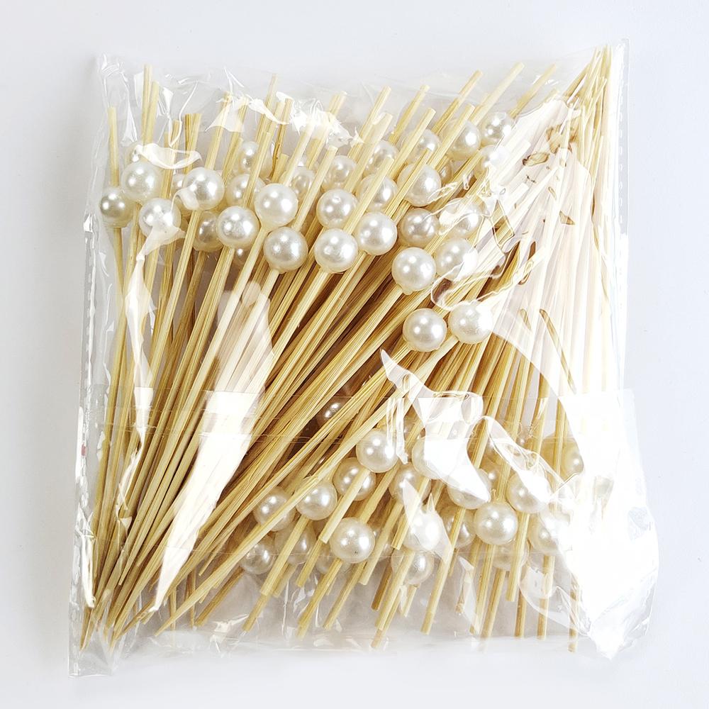 100 pezzi di perle per matrimonio, spiedini monouso in bambù, bastoncini per cocktail di frutta, cibo, buffet, snack, forchette, forniture per matrimoni, compleanno