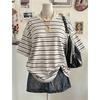 New Y2K Striped Digital Print Casual Oversized Mid-Length Round Neck Drop Shoulder Women Tshirt Street Fashion Casual Sports Top