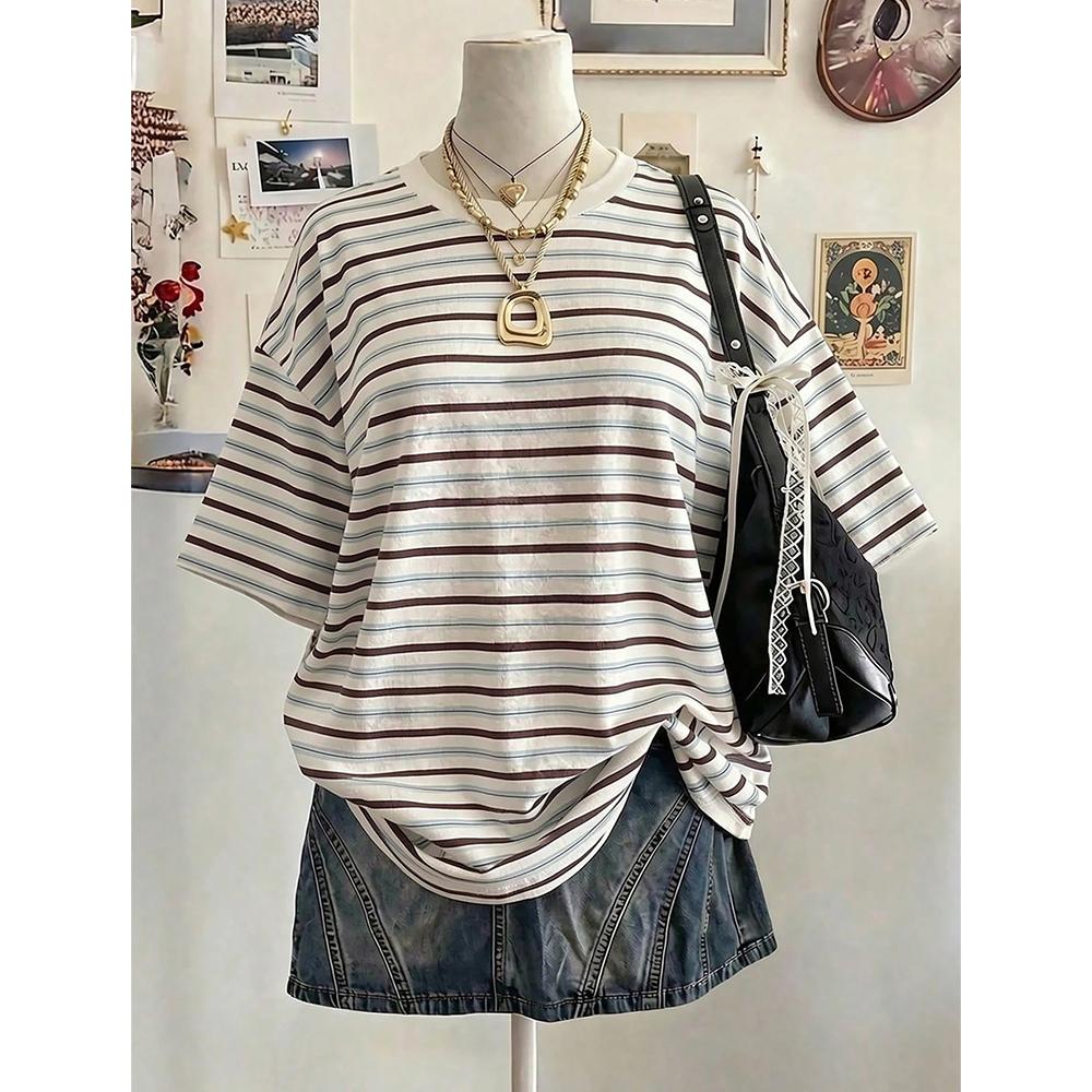 New Y2K Striped Digital Print Casual Oversized Mid-Length Round Neck Drop Shoulder Women Tshirt Street Fashion Casual Sports Top