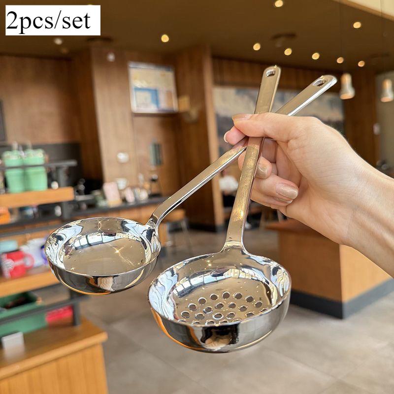2pcs/set Soup Spoon and Slotted Spoon Set Long Handle Pot Serving Utensil with Ergonomic Grip for Home Kitchen Use