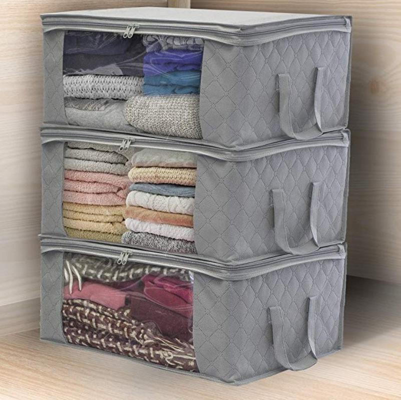 Clothing Storage Box Folding Storage Bag Clear Window Zipper Non Woven Fabric Clothes Organizer Basket with Handles 49x36x21cm