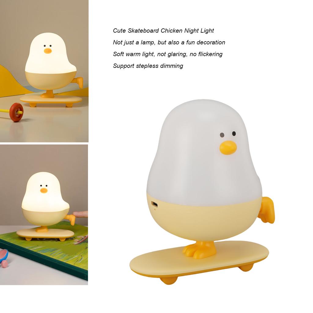 Cute Skateboard Chicken Night Light Warm White Stepless Dimmable USB Rechargeable LED Bedside Lamp for Bedroom