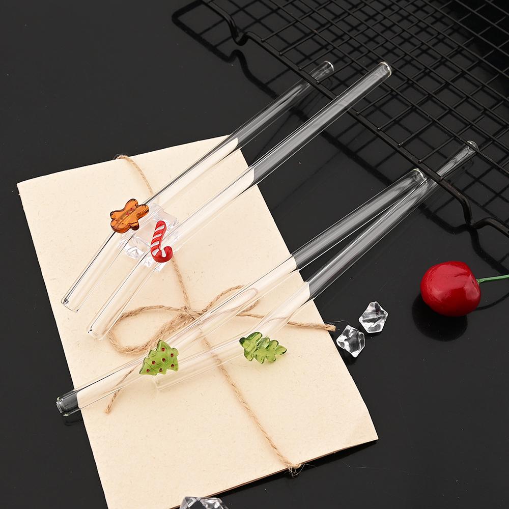6Pcs/Set Christmas Design Reusable Straws Glass Straws with Cleaning Brush for Smoothies Milkshakes Juices Bar Accessories Set