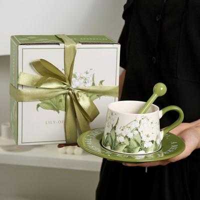 Original Hand Painted Lily of The Valley Flower Ceramic Coffee Cup Saucer Set Niche Latte Cup Afternoon Tea Exquisite Souvenir Gift