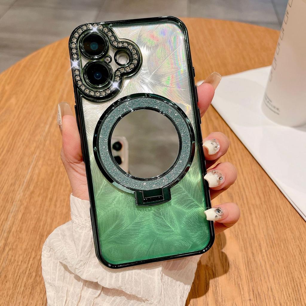The Glass Mirror Surface Magnetic Stand Is Suitable for Iphone16 Phone Cases, Apple 15promax Luxurious Gradient Feather 14
