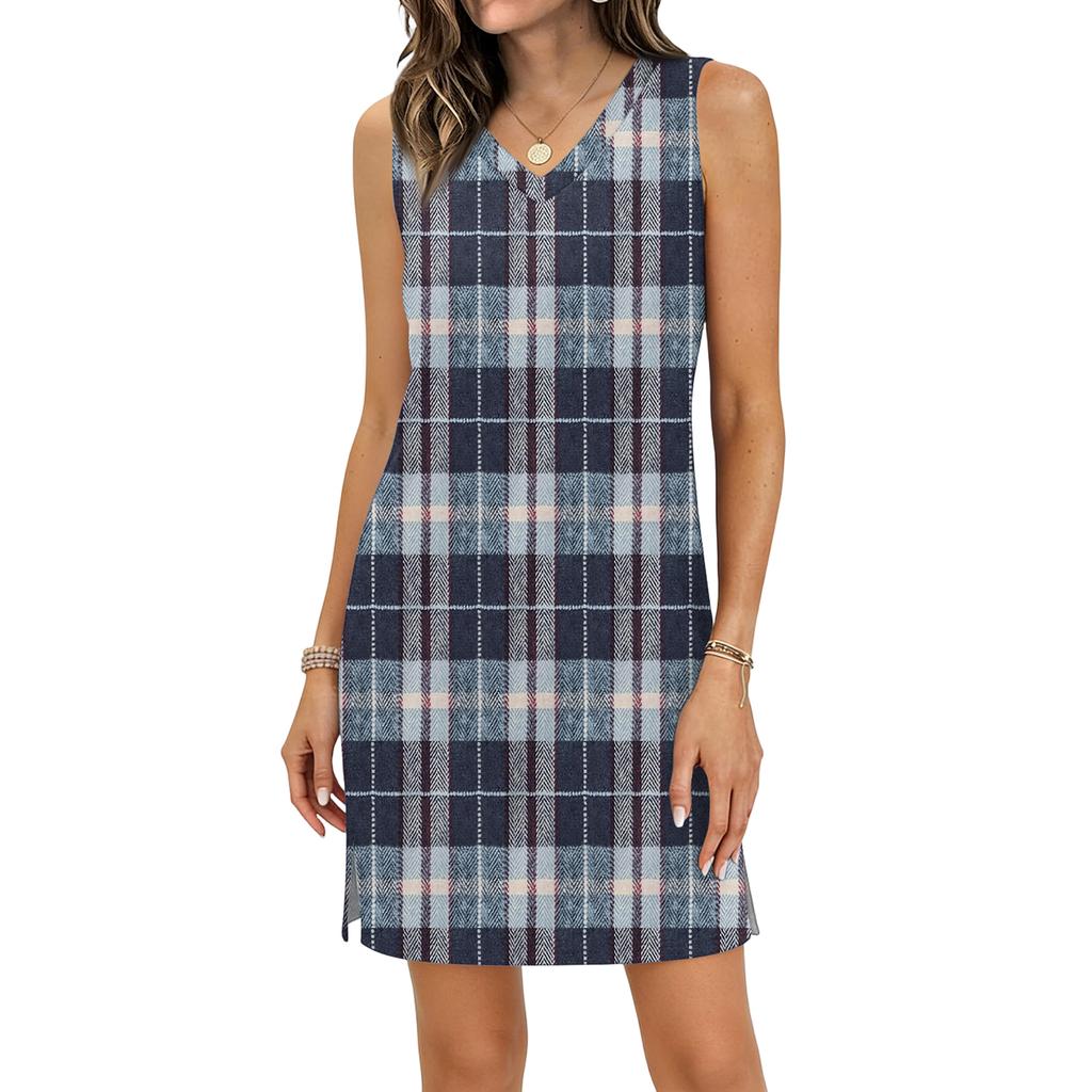 Women's Casual V-neck Sleeveless Split Hem Plaid Print Dress