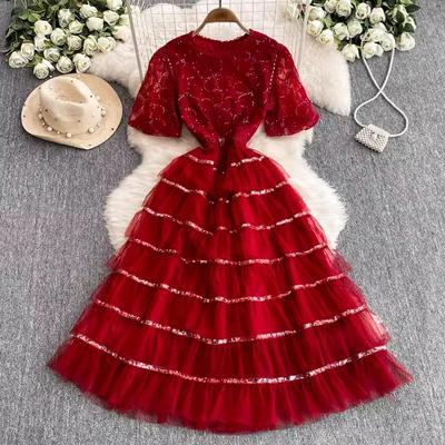 New Luxury Women Fashion Elegant Lace Embroidery O Neck Short Sleeve Sequined Cake Party Birthday Ruffles Casual Dresses