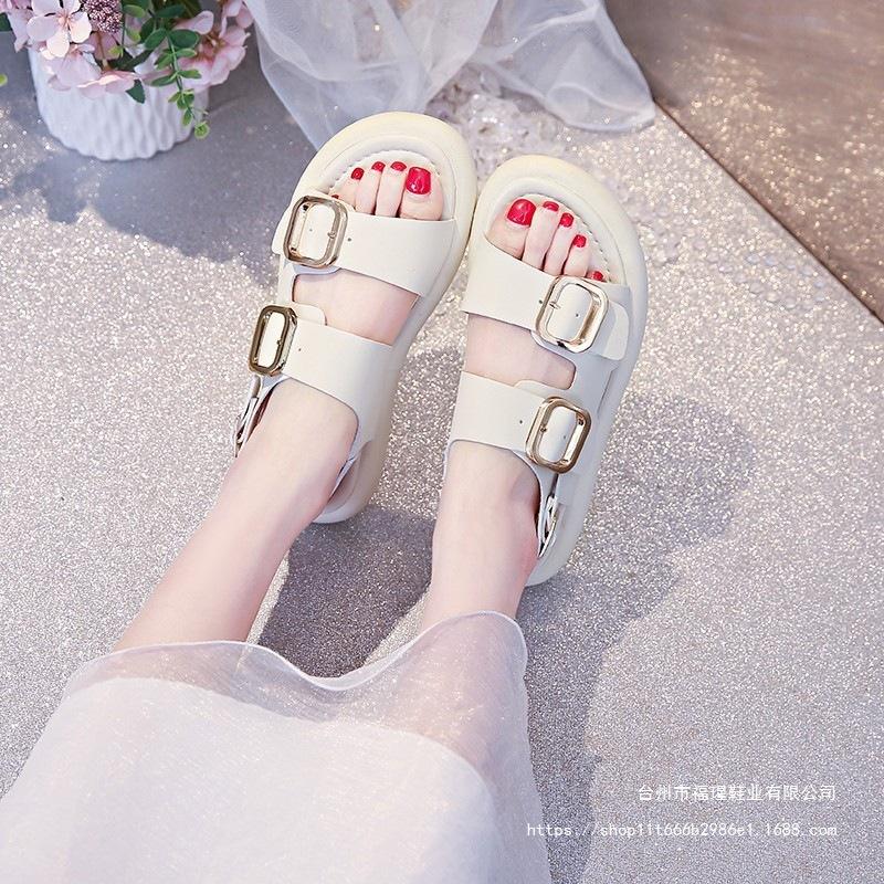 New thick-soled double-buckle sandals, retro belt buckle sandals, fashionable flat-heeled Roman beach women's shoes