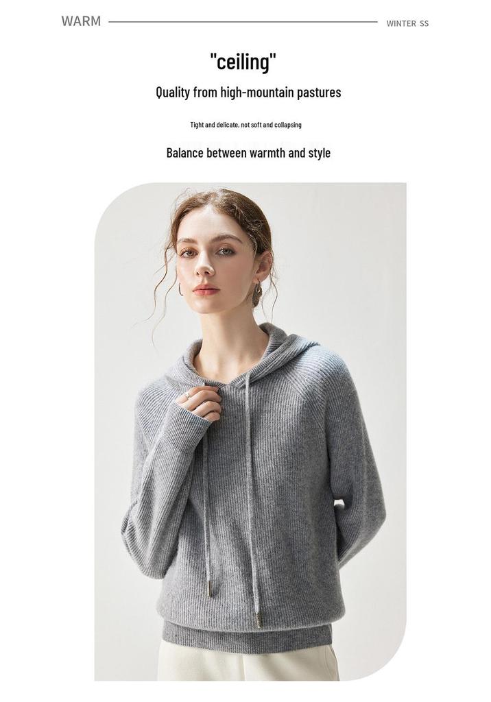 Elegant Women's Cashmere Hooded Sweater - Winter 2026 Style, Solid Color, Thick Base Layer, Loose Fit, Slimming Knitwear