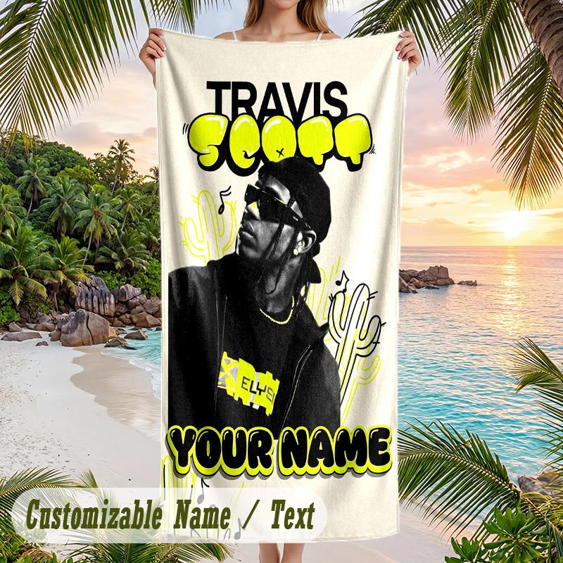 Travis Scott Beach Towel, Personalized Custom Name Text, Quick Dry Large Absorbent Towel For Beach Pool