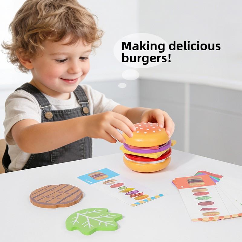 1pc Wooden Hamburger Pretend Play Stacking Game Food Theme Matching Toy with Pattern Cards Suitable for Children Ages 3+
