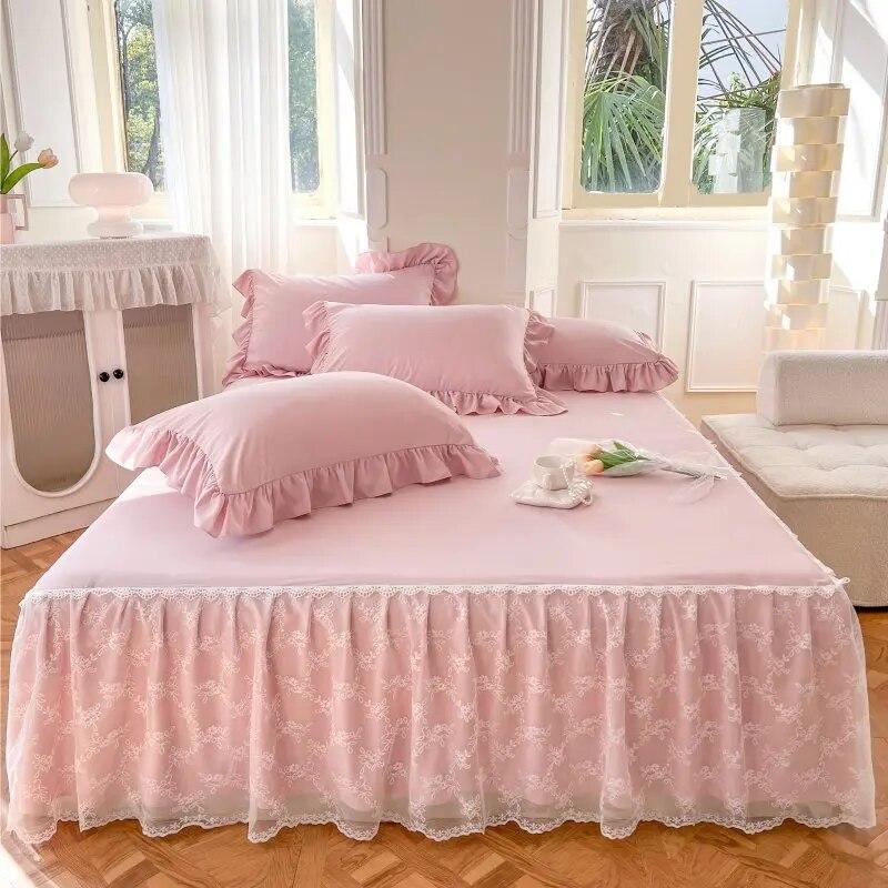 100% Cotton Princess Lace Bed Skirt + 2 Piece Pillowcases Bedding Bedspreads Sheet Pink Lace Bedding Set Bed For Girl Bed Cover