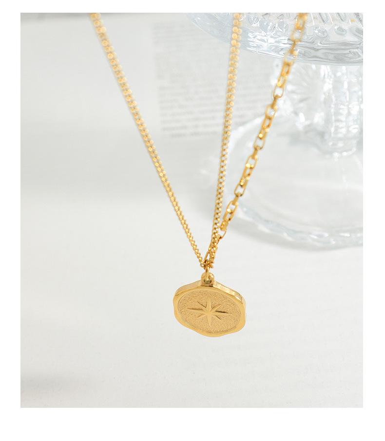 French Niche Eight-Pointed Star Pendant Necklace, Double Chain, 18K Gold-Plated Titanium Steel Clavicle Chain Jewelry P574