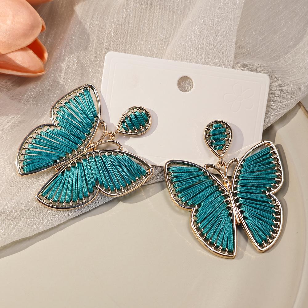 Bohemian Ethnic Cotton Thread Color Block Butterfly Earrings for Women