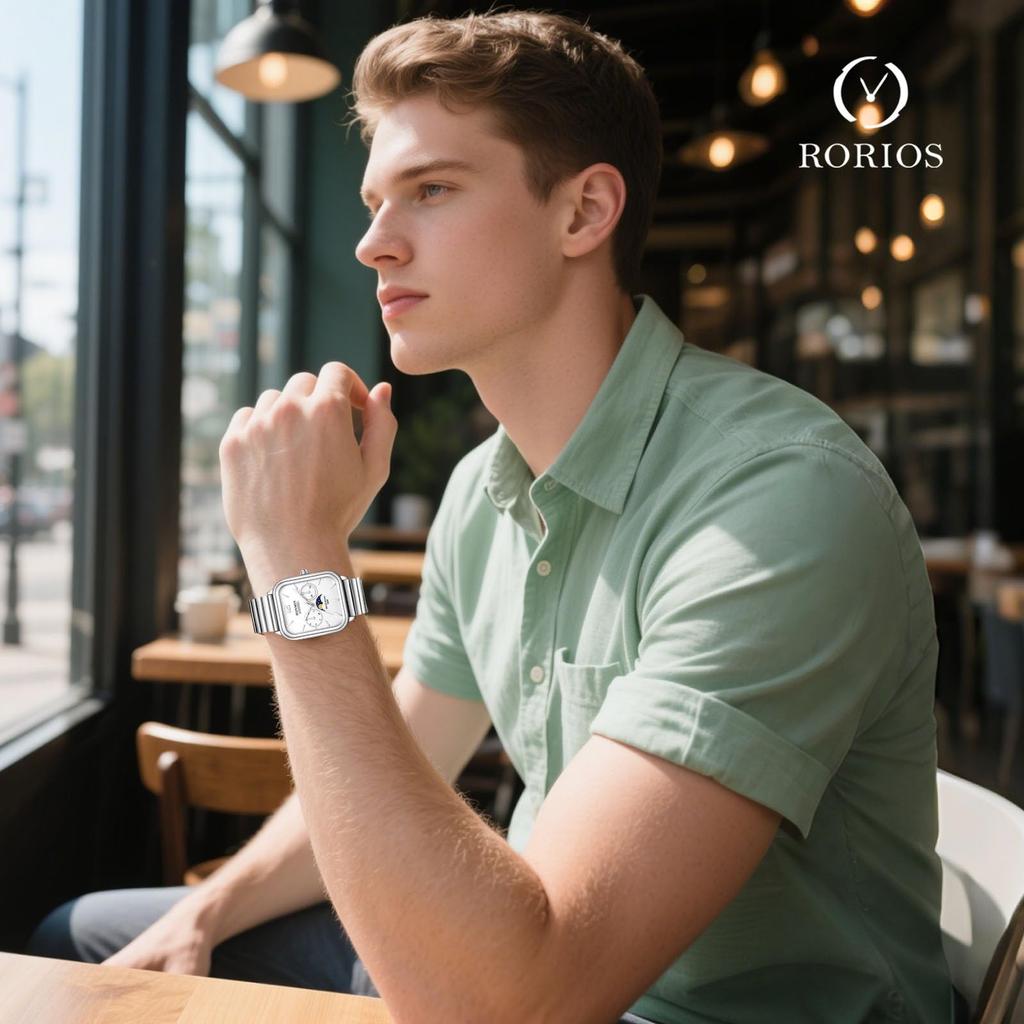 RORIOS Square Analog Watch with and Star Date and Day Watch with Stainless Steel Popular for and Job White Men's Sun, Moon, Display, Display,