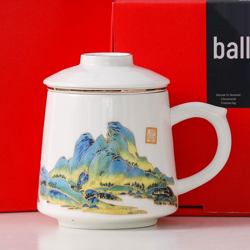 Guochao Style Ceramic Teacup with Filter - Chinese Tea & Water Separation, Customizable Logo for Office Gift