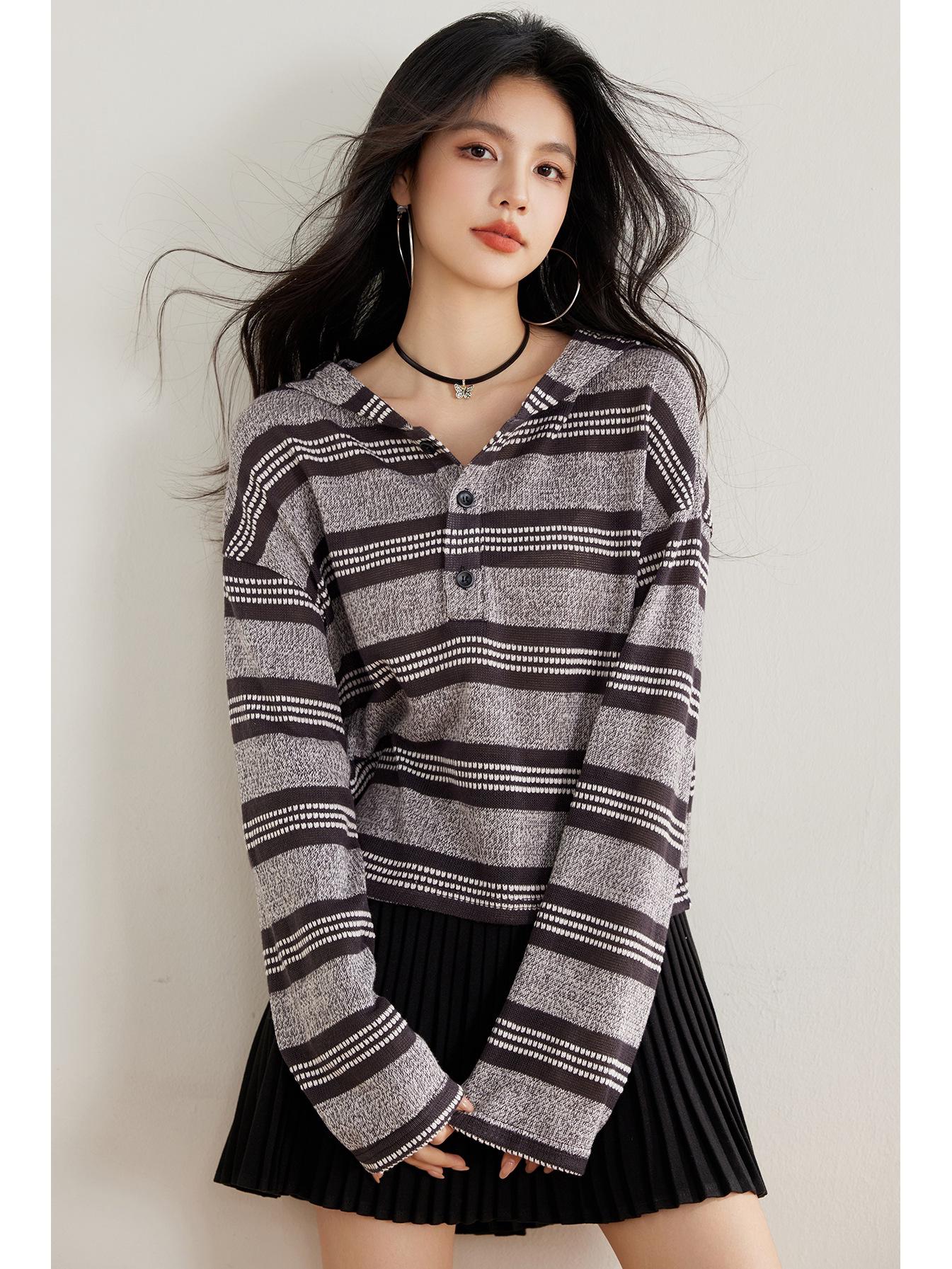 

Women s 2025 Striped Hooded Loose Knitwear - Spring & Autumn Petite Top Large