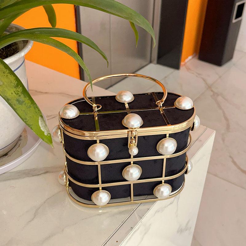 Metal Birdcage Hollow Bucket Bag Shiny Not Glittering Rhinestone Premium Pearl Portable Dinner Bag