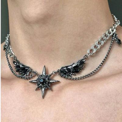 1pc Y2K Black Feather Wing & Star Pendant Necklace, Punk Hip-Hop Gothic Grunge Cool Girl Choker Multi-Layer Stacked Stainless Steel Chain