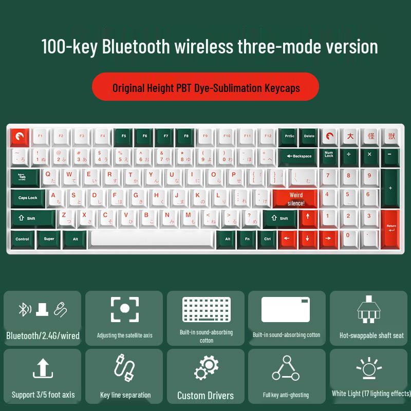 Wireless Bluetooth Mechanical Keyboard - 100-Key, Three-Mode, Compact Design, Office Customizable, Hot-Swappable Switches