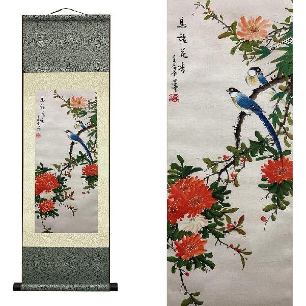 AtfArt Asian Wall Decor - Beautiful Silk Scroll Painting of Waterfall River Landscape - Mountain Spring Autumn Color Oriental Decor Chinese Art Wall