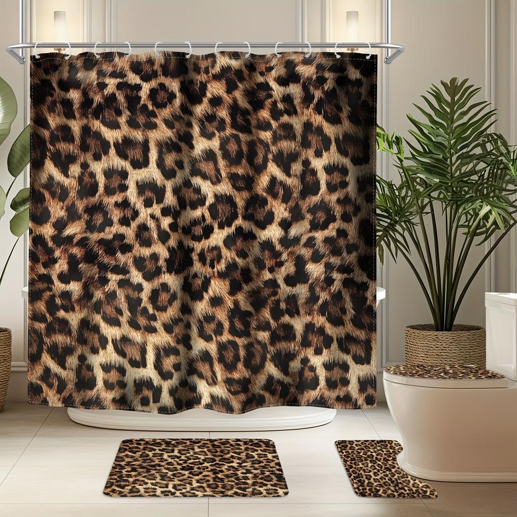 4Pcs Bathroom Shower Curtain Set Leopard Bathroom Curtain With 12 Hooks Non Slip Rugs Toilet Cover Mat Bathroom Partition