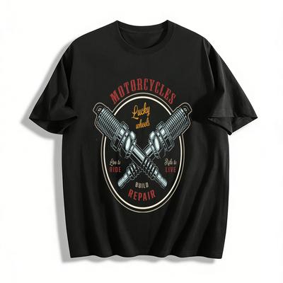 Retro Spark Plug Print T-Shirt For Motorcycle Riding Enthusiasts Pure Cotton T-shirt
