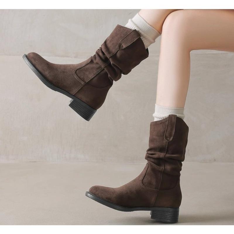 New Style Women's Natural Suede Leather Small Square Toe Slip-on Autumn Pleated Knee High Boots Casual Female Punk Western Boots