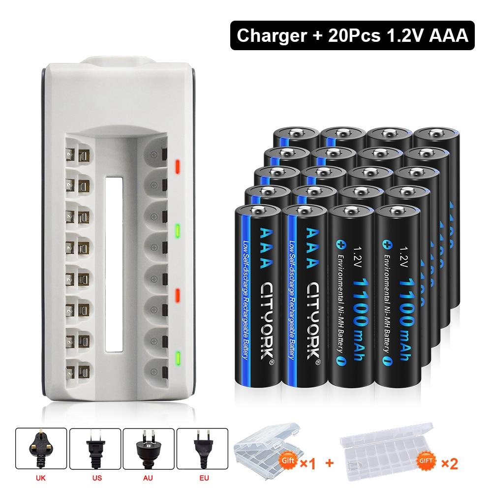 Cityork 1,2 V AAA wiederaufladbare Batterie NI-MH 1100 mAh wiederaufladbare 3A-Batterien für LED-Taschenlampen-Spielzeugauto + 8 Steckplätze Ladegerät