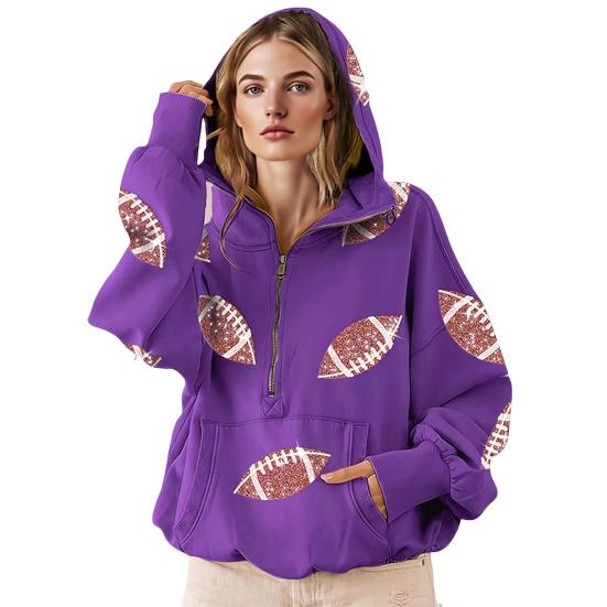 Hooded Sweatshirt for Women Half Zip Oversized Hoodies with Sequin Rugby Print Fall Casual Pullover Tops with Pockets