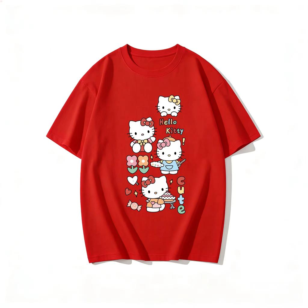 2026 New Summer HelloKitty Cute Graphic Tee Casual Short Sleeve Cotton Top for Women Girls Kawaii Cartoon Print Streetwear