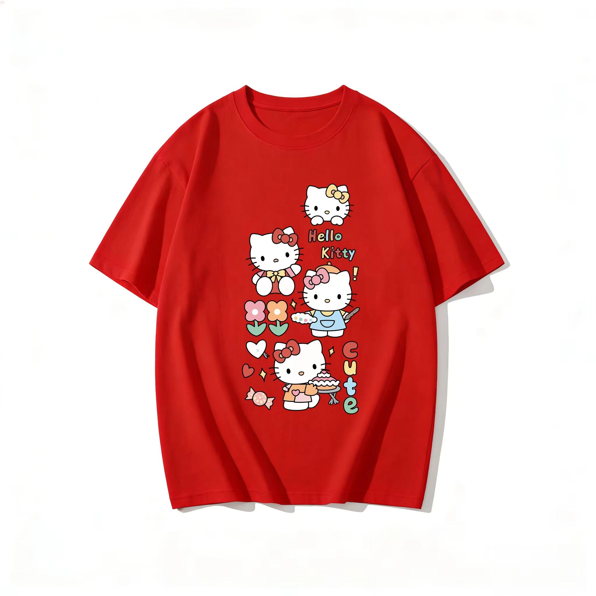 

2026 new Summer HelloKitty Cute Graphic Tee Casual Short Sleeve Cotton Top for Women Girls Kawaii Cartoon Print Streetwear S