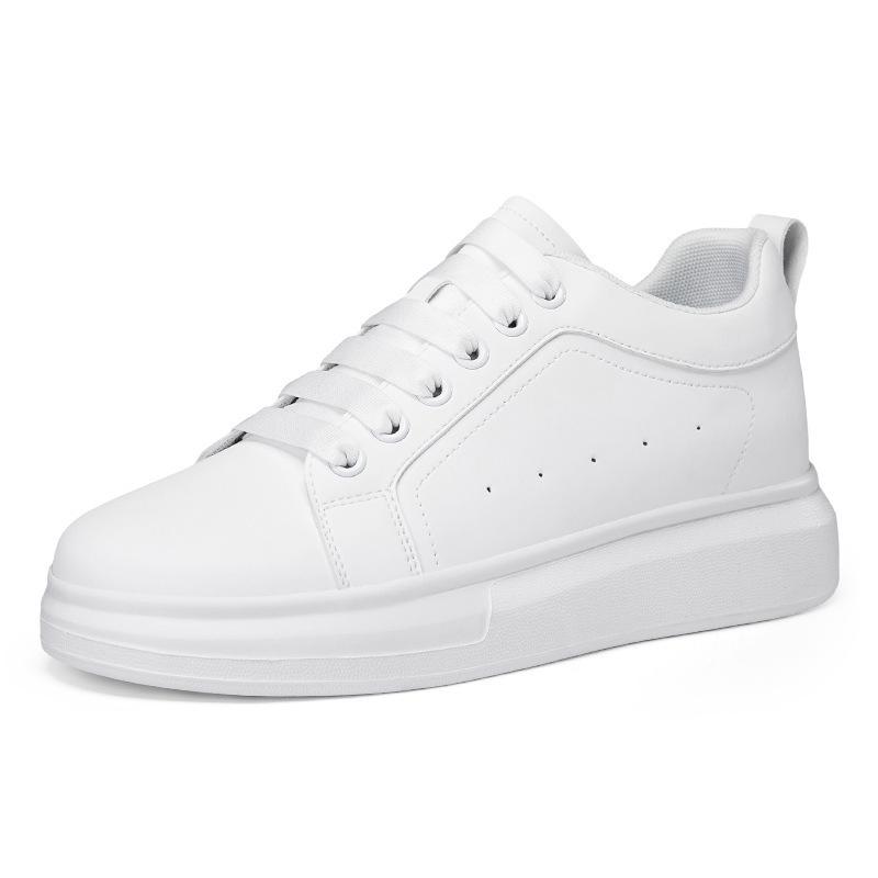 Men's White 8CM Height-Increasing Round Toe Microfiber Lace-up Casual Shoes with Thick Sole