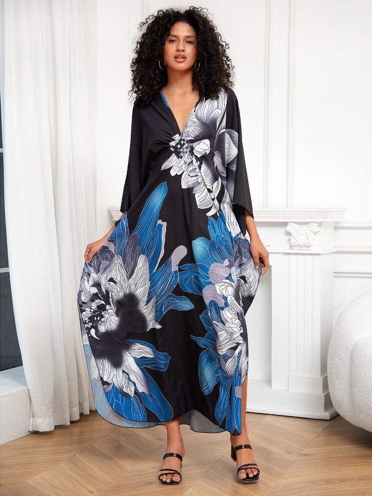 EDOLYNSA Versatile Blue Women's Kaftan Robe Light jacket Caftan Bathrobe Vacation Long Dress Hot Selling Lounge around Outfit Q1289