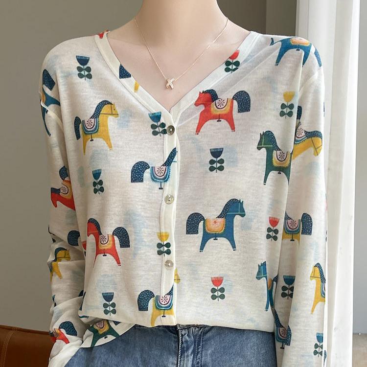 Cardigan subțire de damă Primăvară Vară Cardigan tricotat cu imprimeu mătase Jachetă Mânecă lungă Larg Top tricotat cu protecție solară