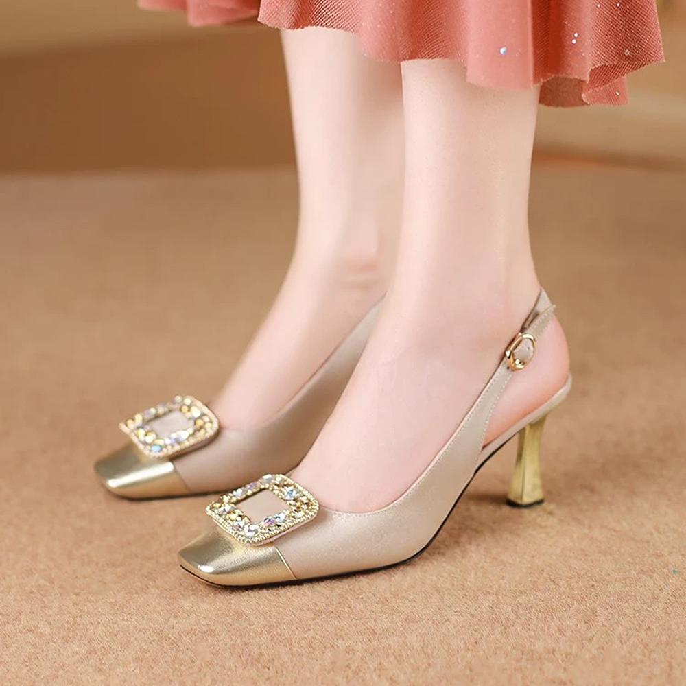 Rhinestone Square Buckle High Heels Back Trip Strap Slim Heel Single Shoes Summer Elegant Back Empty Wrapped Head Sandals Women
