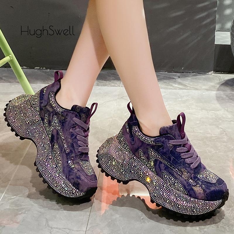 Fashion Rhinestone Cover Thick Sole Denim Canvas Sneaker Woman Bling Rivet Chunky Daddy Shoe Ladies Luxury Brand Design Crystal Zapatos