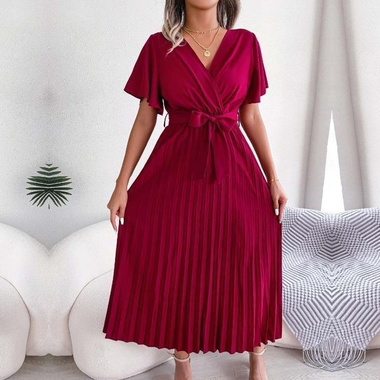 Elegant Summer Maxi Dress V Neck Short Sleeve Solid Color Pleated Long Dress Women Fashion Spring Summer Sizes S XL