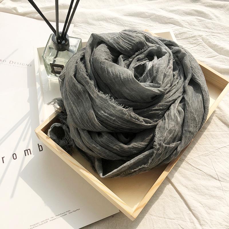 Vintage Crinkle Cotton Linen Scarf for Men Women Solid Color Autumn Winter Warm Pashmina Fringed Edge Soft Shawls and Wraps