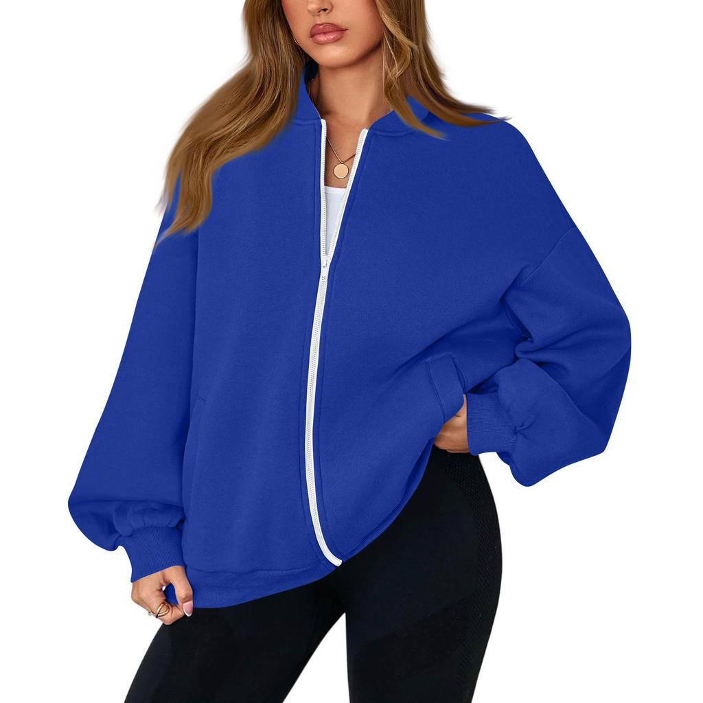 Damen Mode Langarm Farbe V-Ausschnitt Locker Oversize Reißverschluss Jacke