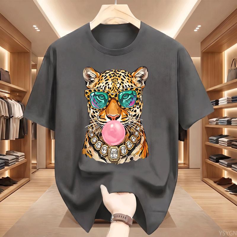 Trendy Leopard Unisex T Shirt Bubblegum Sunglasses Big Cat Graphic T Shirts Retro Animal Printed Tshirt Cotton Short Sleeve Tops