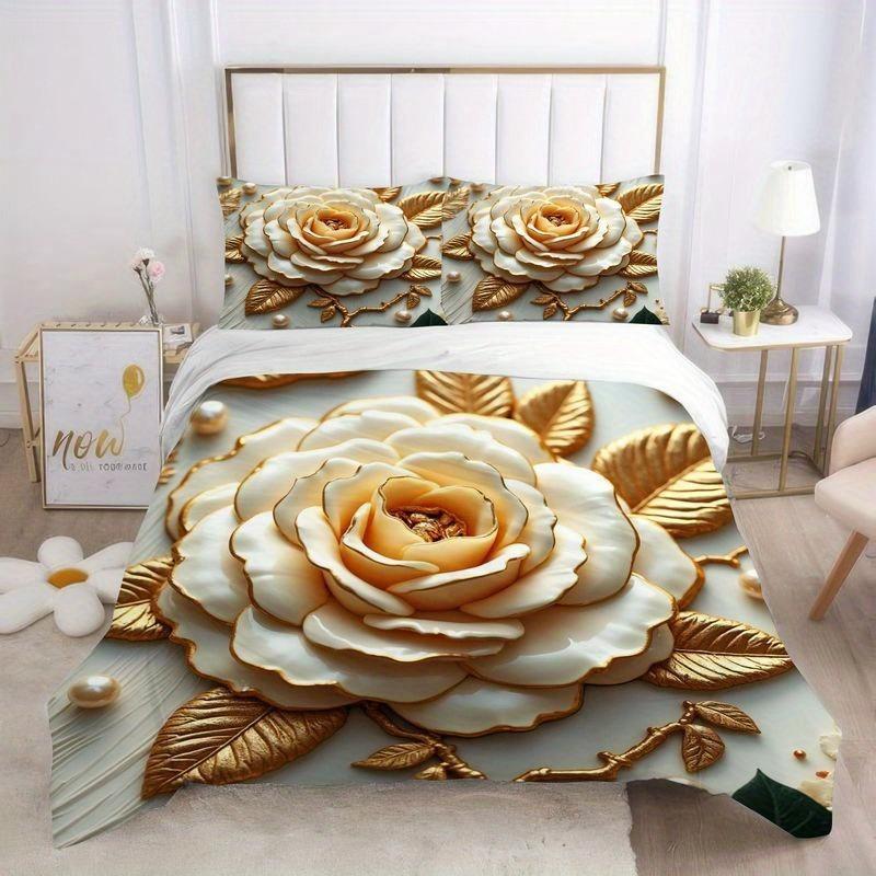 Golden Floral Bedding Set Duvet Cover Set Quilt Cover With Pillowcase For Bedroom Decor Birthday Gift Halloween Christmas Gift