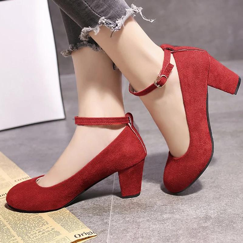 

Comemore Dress Shoes Pink Woman Thick Heel Office Ladies Footwear Flock Ankle Strap Pumps Women 2024 Pink Round Toe High Heels 42 червоний